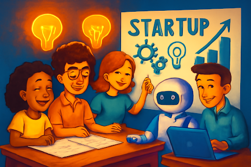 Four smiling students and a robot collaborating on a startup project. Two students are writing on paper, one points to a “STARTUP” poster with gear and lightbulb icons, and another works on a laptop. Glowing lightbulb symbols are displayed above them, representing innovative ideas.